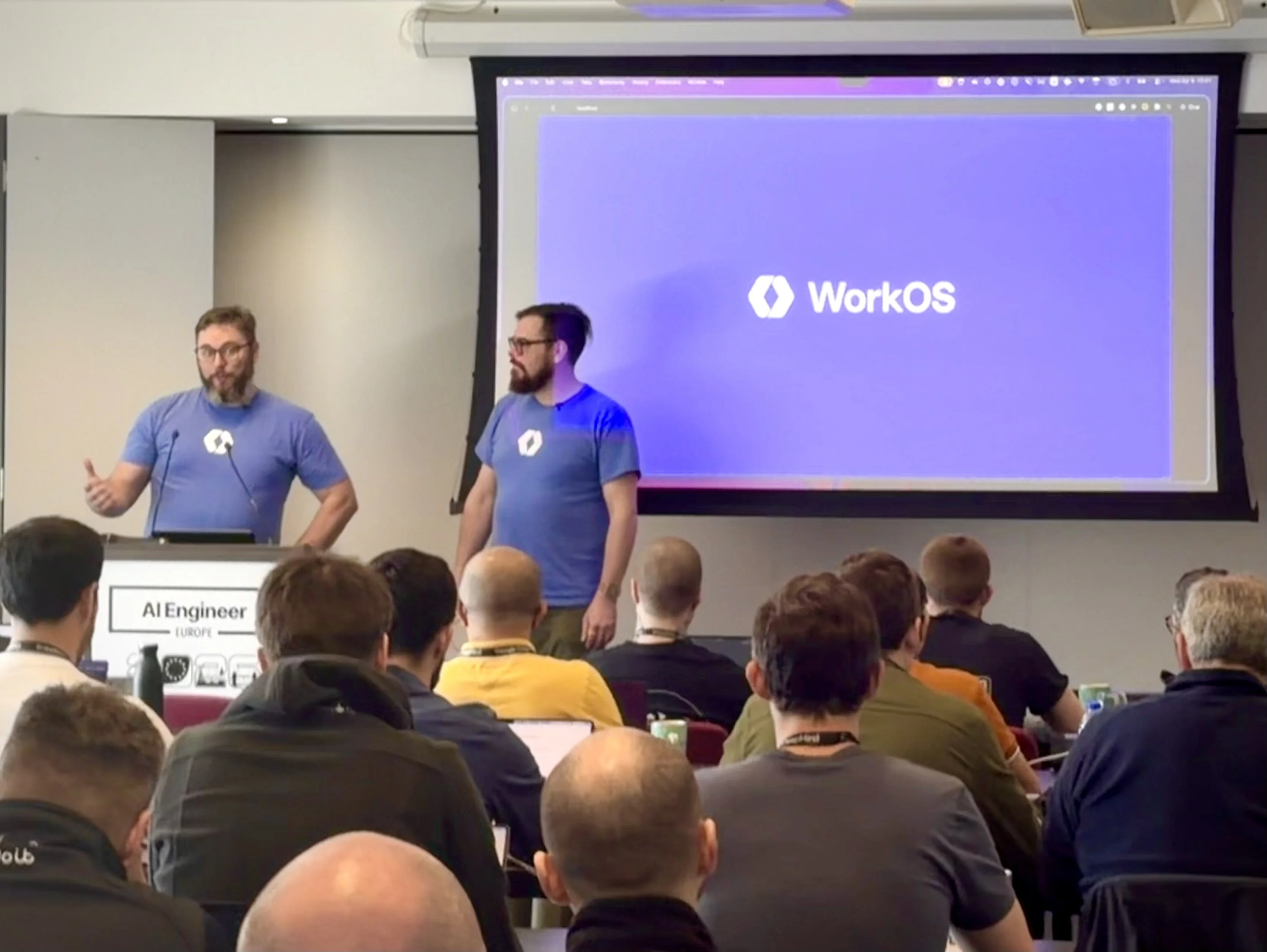 Zachary Proser and Nick Nisi presenting Skills at Scale to a packed room at AI Engineering London